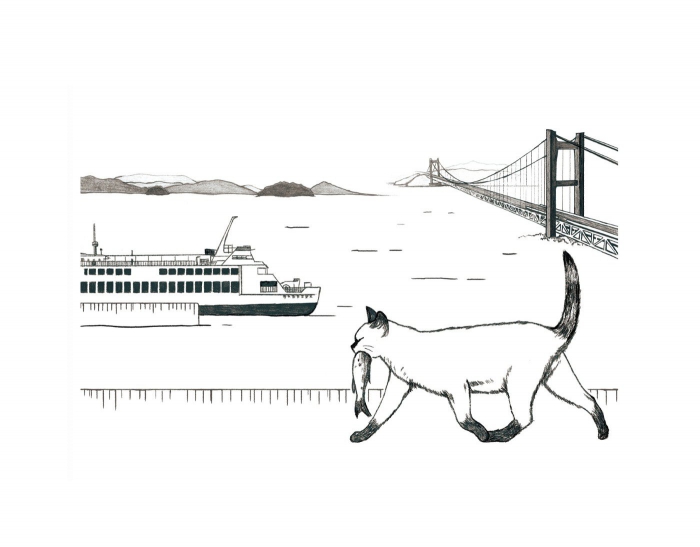 イラスト：魚をくわえた猫、フェリー、瀬戸大橋と瀬戸内海に浮かぶ島々：Uotama Kitchen 様