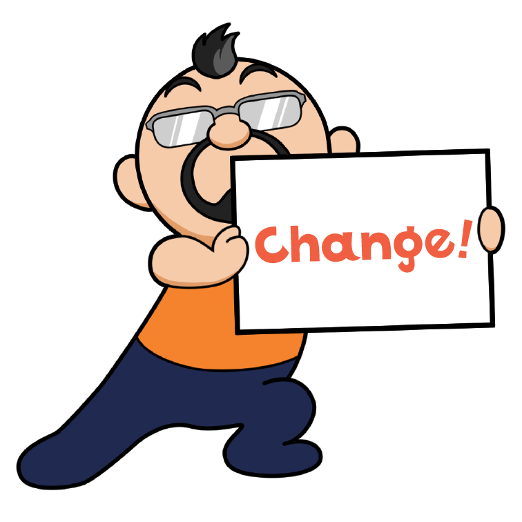 「Change!」と書かれたボードを持っているがじろうのイラスト